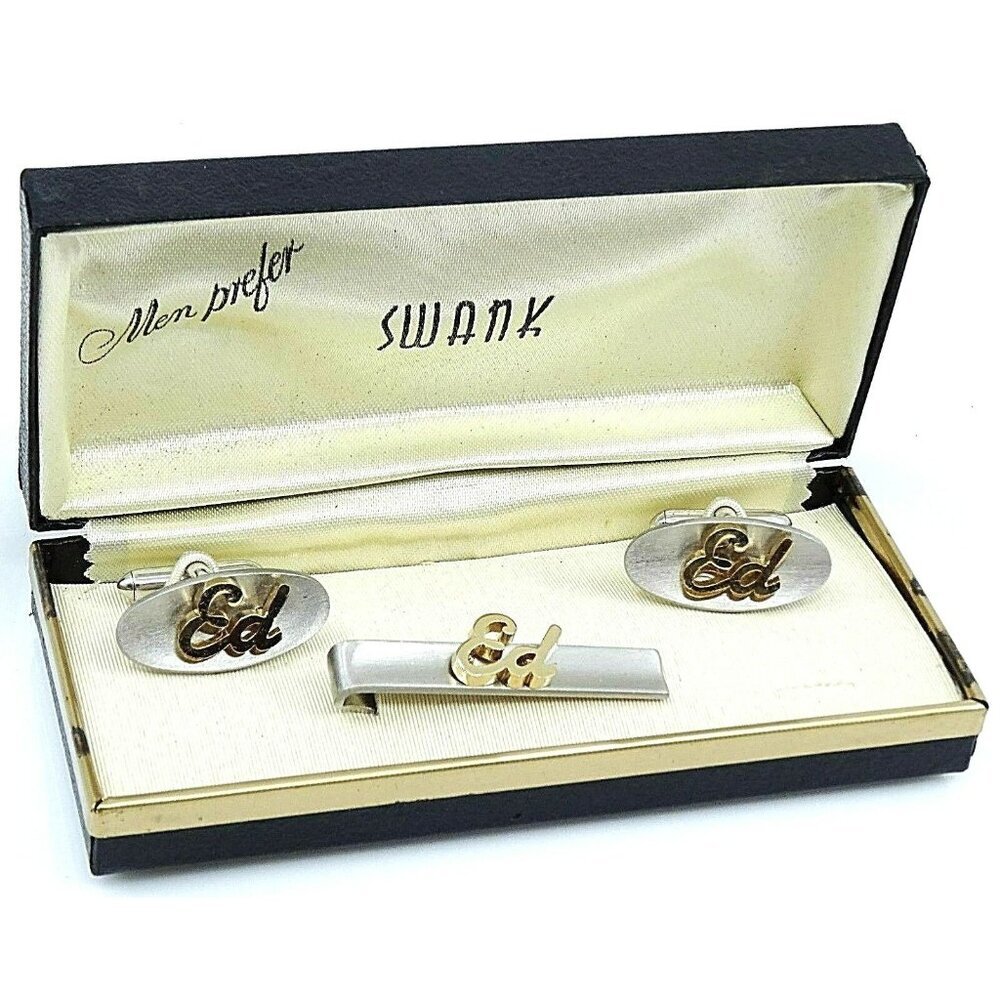 ED Name Vintage Cufflinks and Tie Clip Bar Set Swank NOS in Original Box 1950s